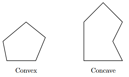 A convex pentagon where all vertices point out and a concave hexagon where one vertex points inward, creating a reflex angle.